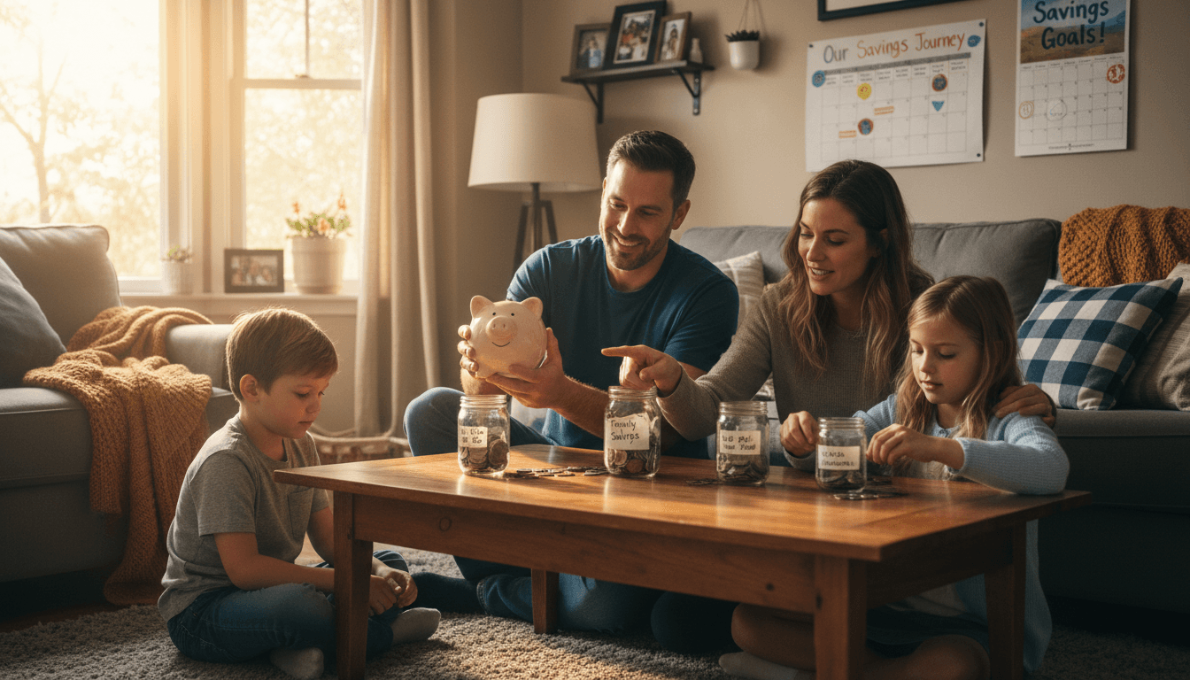 Una familia revisando sus finanzas en casa